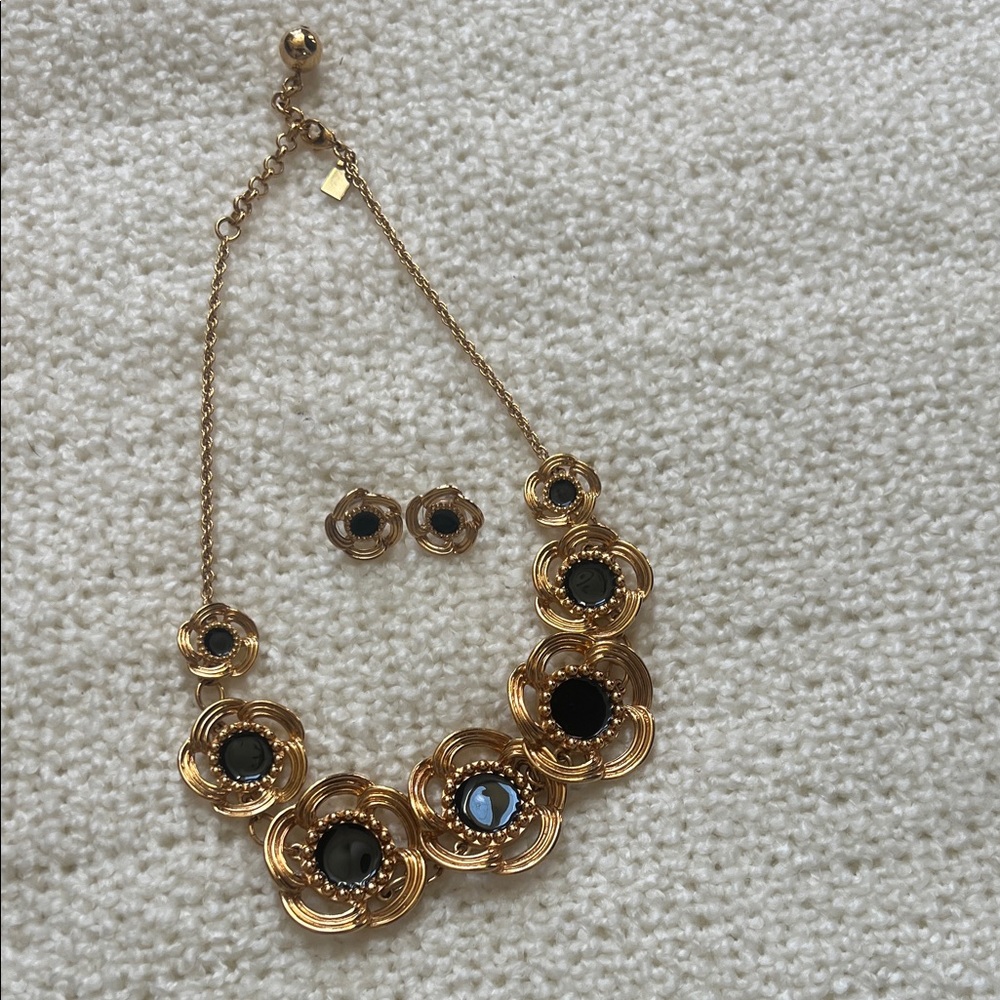 EUC Kate Spade Elegant Gold and Black Floral Necklace and Earring Set